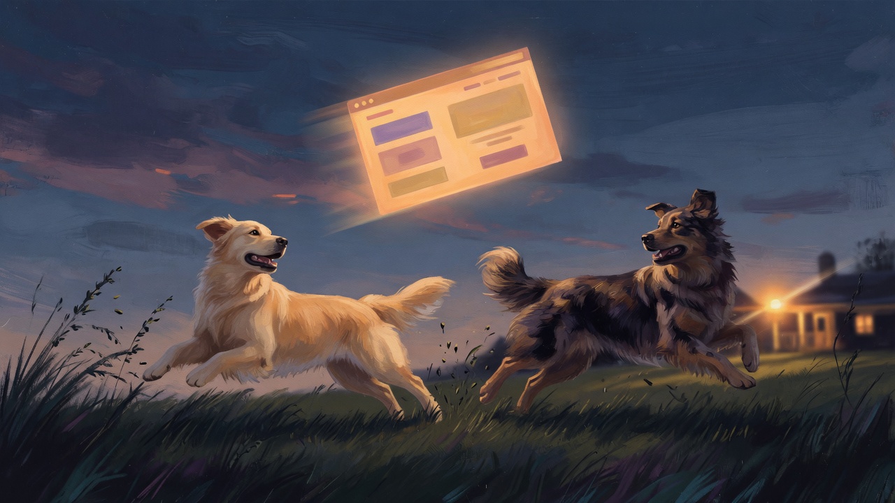 Two dogs mid-fetch, chasing a glowing website through a dusk field.